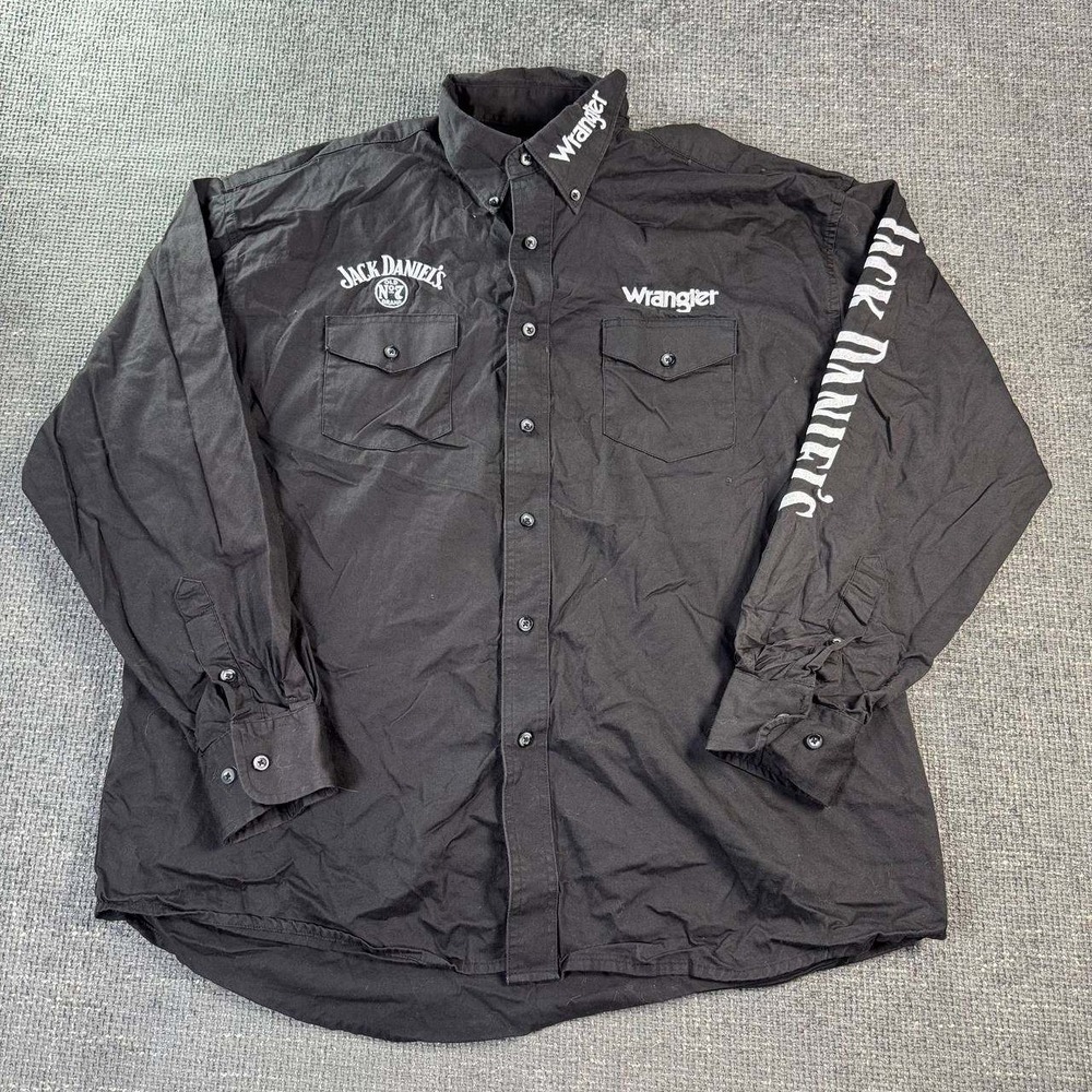 Wrangler Jack Daniels Shirt Mens XL Black Long Sleeve Western Workwear Y2K
